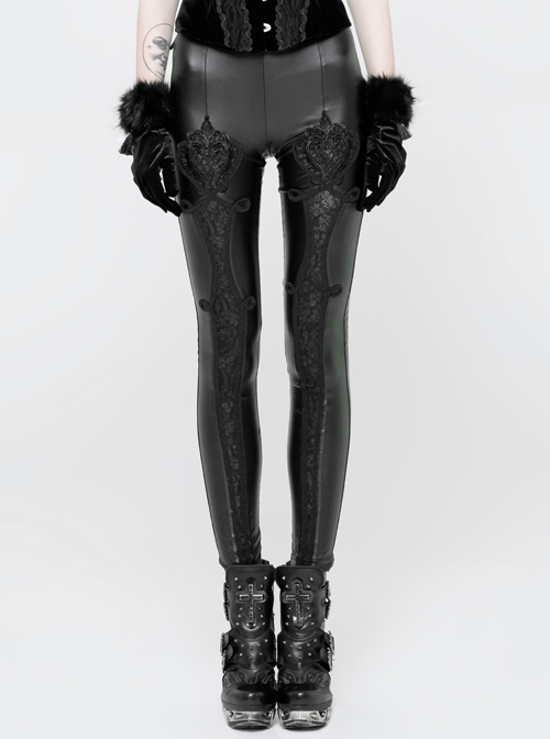 Imitation PU Knitted Floral Pattern Decoration Black Punk Leggings