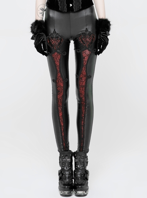 Imitation PU Knitted Splice Red Floral Pattern Decoration Black Punk Leggings