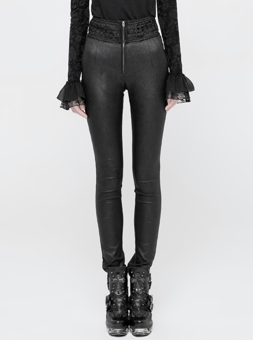 High Waist Flower Weaves The Ribbon Decoration Lace-Up Black Gothic Jacquard Tight Pants