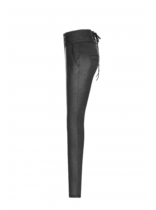 High Waist Flower Weaves The Ribbon Decoration Lace-Up Black Gothic Jacquard Tight Pants