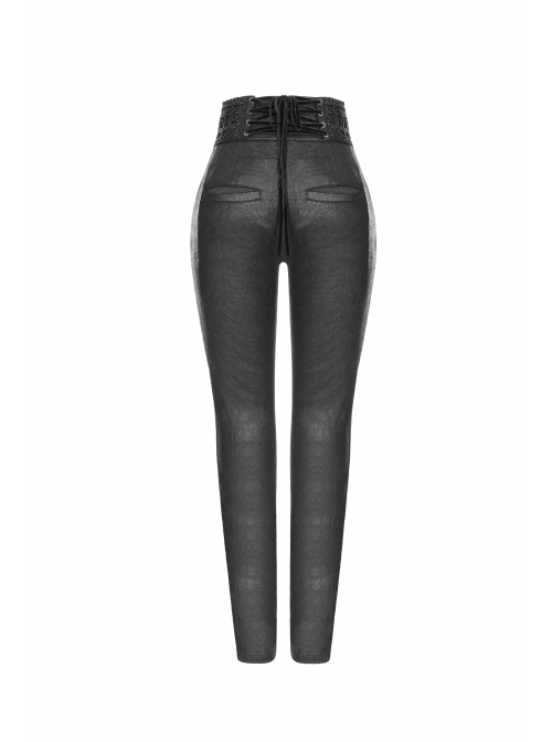 High Waist Flower Weaves The Ribbon Decoration Lace-Up Black Gothic Jacquard Tight Pants