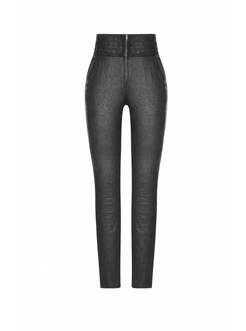 High Waist Flower Weaves The Ribbon Decoration Lace-Up Black Gothic Jacquard Tight Pants