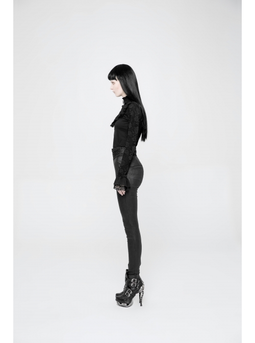 High Waist Flower Weaves The Ribbon Decoration Lace-Up Black Gothic Jacquard Tight Pants