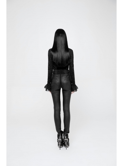 High Waist Flower Weaves The Ribbon Decoration Lace-Up Black Gothic Jacquard Tight Pants