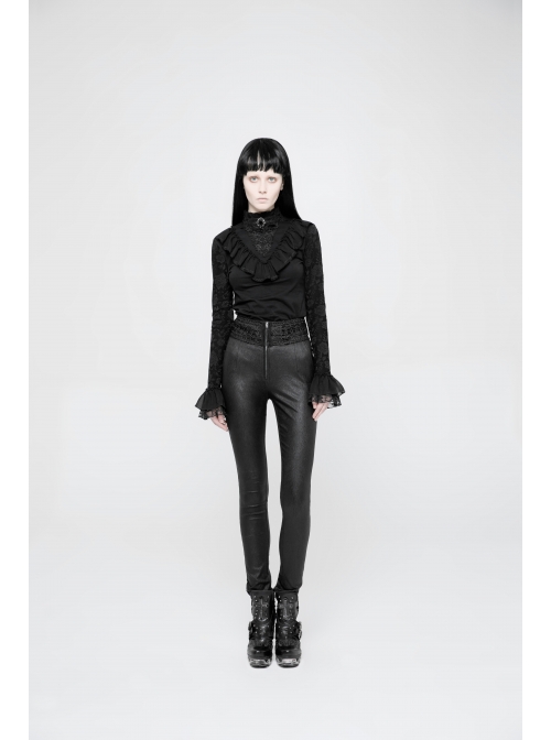 High Waist Flower Weaves The Ribbon Decoration Lace-Up Black Gothic Jacquard Tight Pants
