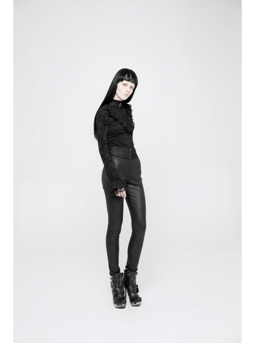 High Waist Flower Weaves The Ribbon Decoration Lace-Up Black Gothic Jacquard Tight Pants