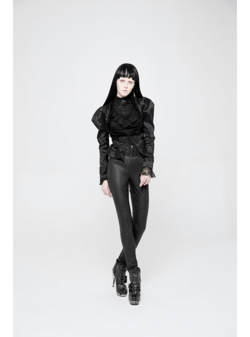 High Waist Flower Weaves The Ribbon Decoration Lace-Up Black Gothic Jacquard Tight Pants
