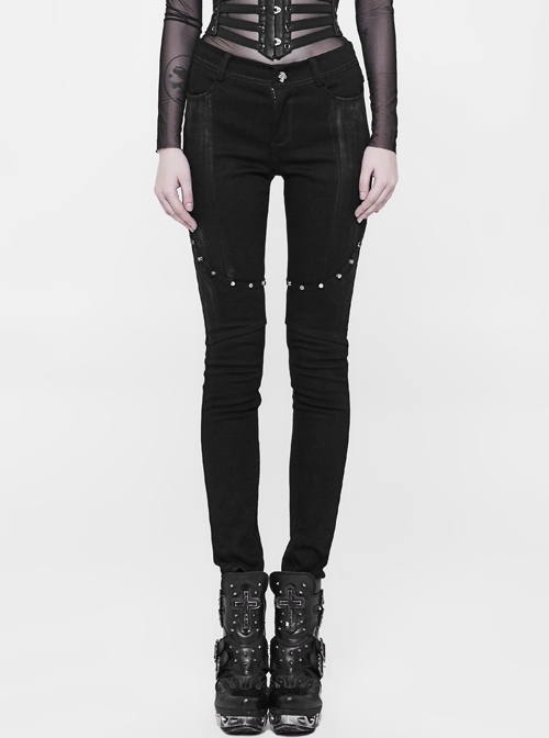 Black Buttock Overlapping Armor Piece Knee Division Metal Nail Punk Long Tight Pants