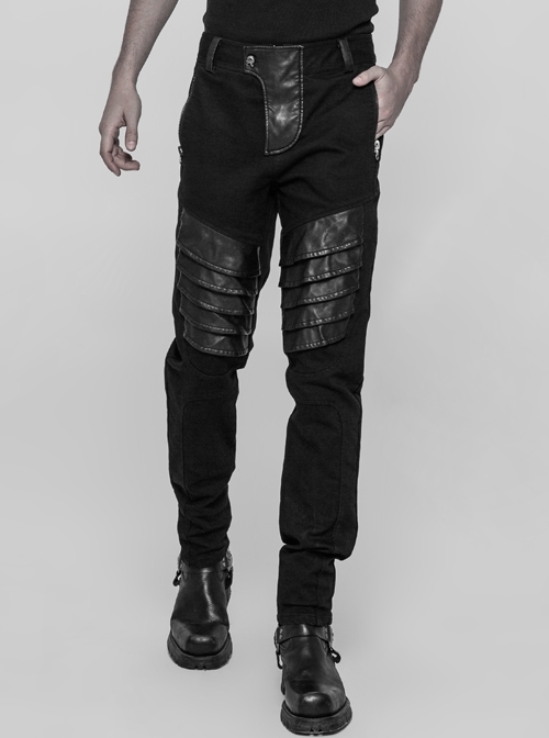 Twill PU Leather Knee Solid Armor Metal Zipper Black Punk Denim Trousers