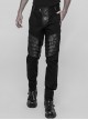 Twill PU Leather Knee Solid Armor Metal Zipper Black Punk Denim Trousers