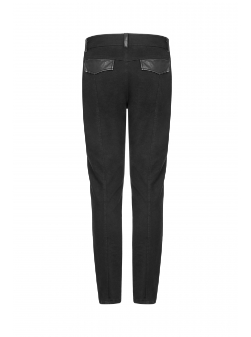 Twill PU Leather Knee Solid Armor Metal Zipper Black Punk Denim Trousers
