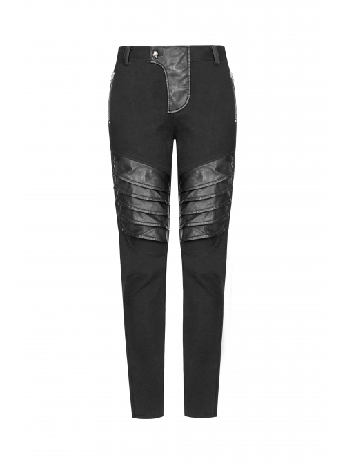 Twill PU Leather Knee Solid Armor Metal Zipper Black Punk Denim Trousers
