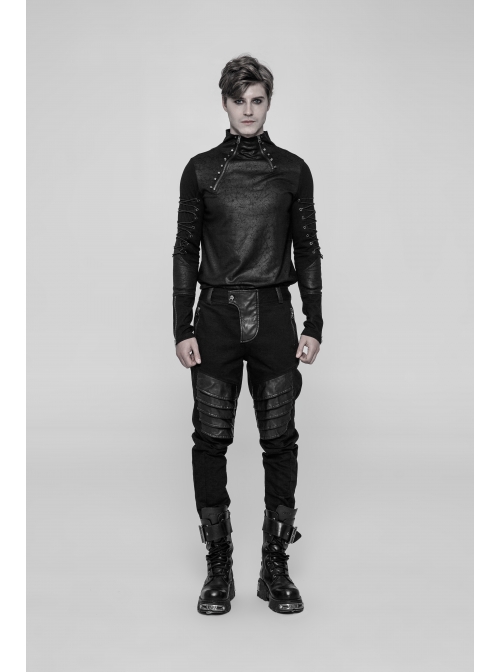 Twill PU Leather Knee Solid Armor Metal Zipper Black Punk Denim Trousers
