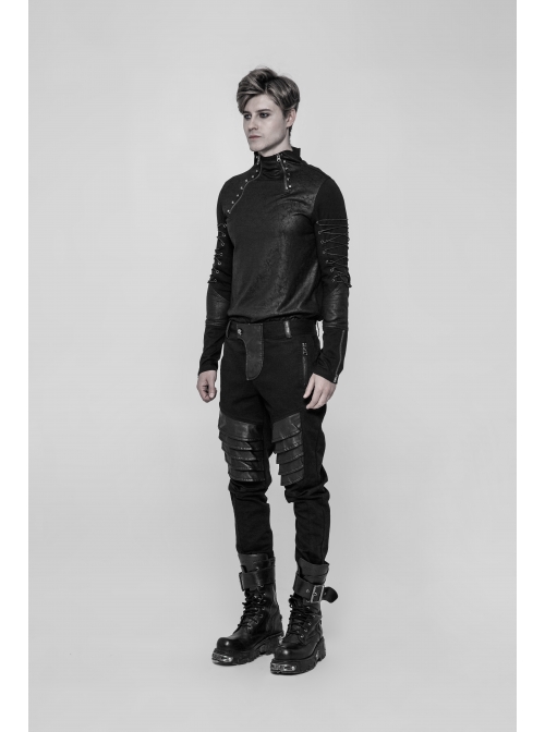 Twill PU Leather Knee Solid Armor Metal Zipper Black Punk Denim Trousers