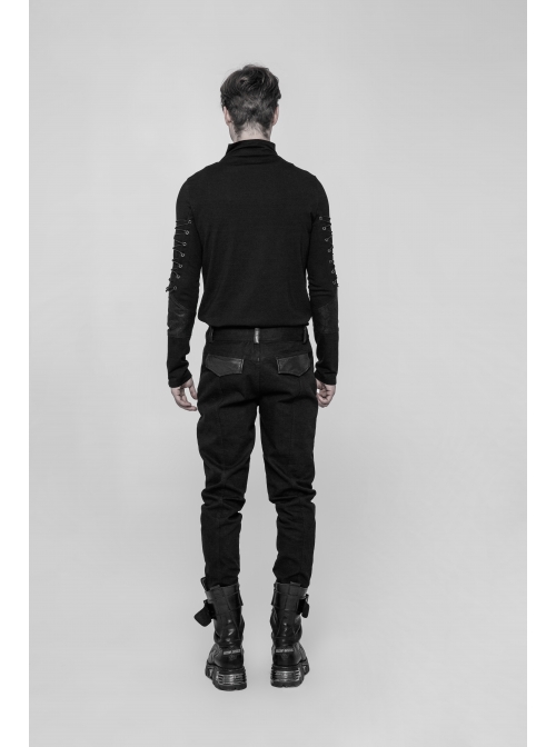 Twill PU Leather Knee Solid Armor Metal Zipper Black Punk Denim Trousers