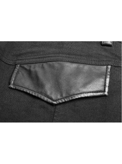 Twill PU Leather Knee Solid Armor Metal Zipper Black Punk Denim Trousers