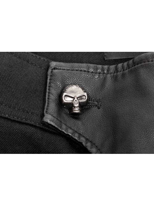 Twill PU Leather Knee Solid Armor Metal Zipper Black Punk Denim Trousers