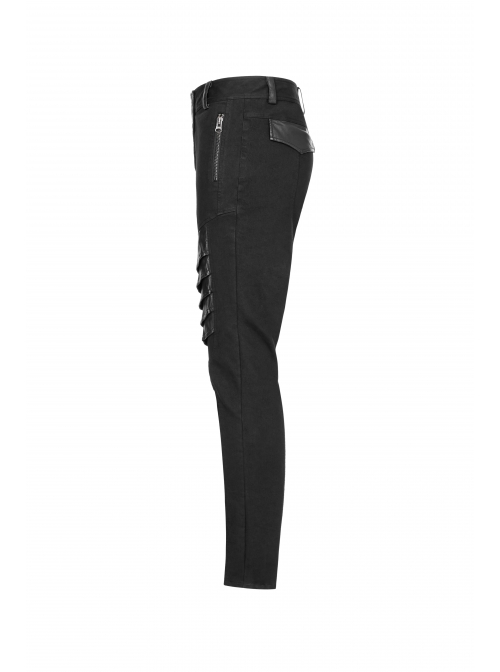 Twill PU Leather Knee Solid Armor Metal Zipper Black Punk Denim Trousers