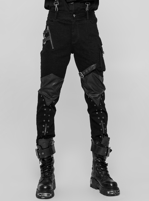 PU Loops Sharp Corner Buckle Knee Part Armor Design Metal Zipper Black Punk Trousers