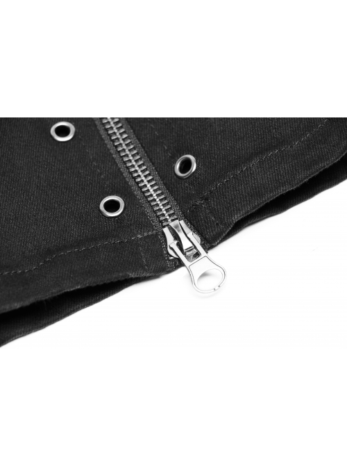 PU Loops Sharp Corner Buckle Knee Part Armor Design Metal Zipper Black Punk Trousers