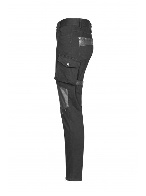 PU Loops Sharp Corner Buckle Knee Part Armor Design Metal Zipper Black Punk Trousers