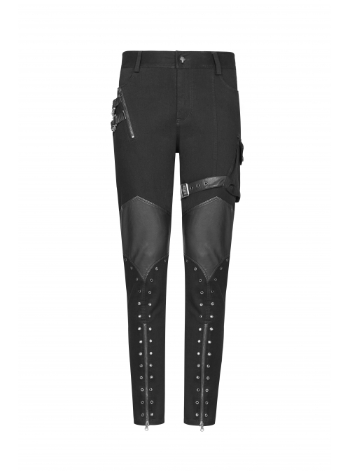 PU Loops Sharp Corner Buckle Knee Part Armor Design Metal Zipper Black Punk Trousers