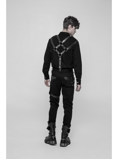 PU Loops Sharp Corner Buckle Knee Part Armor Design Metal Zipper Black Punk Trousers