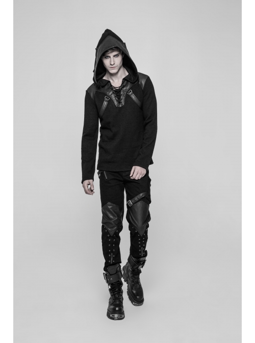 PU Loops Sharp Corner Buckle Knee Part Armor Design Metal Zipper Black Punk Trousers