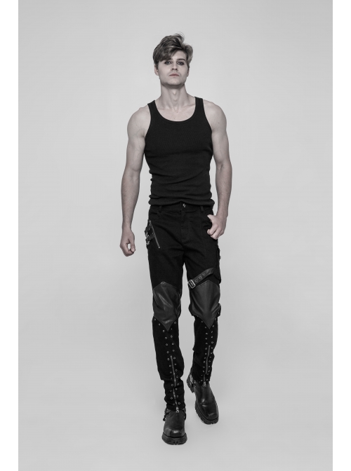PU Loops Sharp Corner Buckle Knee Part Armor Design Metal Zipper Black Punk Trousers