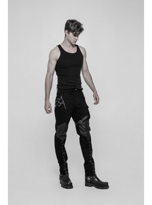 PU Loops Sharp Corner Buckle Knee Part Armor Design Metal Zipper Black Punk Trousers