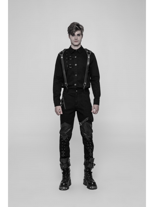 PU Loops Sharp Corner Buckle Knee Part Armor Design Metal Zipper Black Punk Trousers