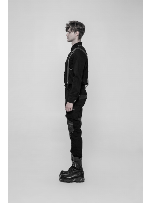 PU Loops Sharp Corner Buckle Knee Part Armor Design Metal Zipper Black Punk Trousers