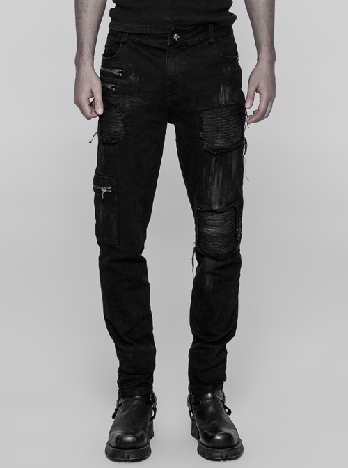 Black Broken Holes Inner Splice Hand-Painted Crafts Cloth Punk Decadent Trousers
