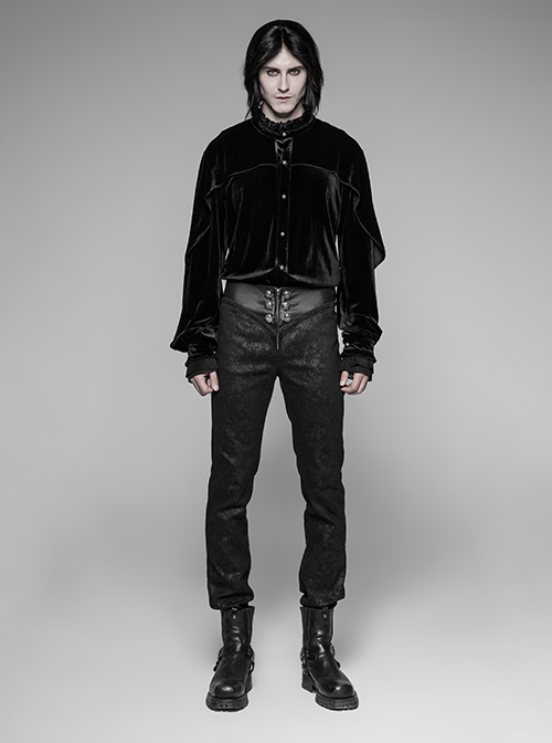 Waist Head Stereoscopic Pattern Leather Metal Buckle Lace-Up Black Gothic Trousers