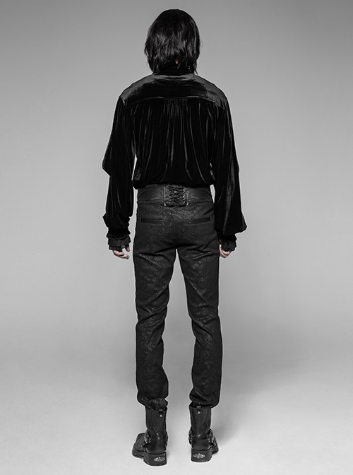 Waist Head Stereoscopic Pattern Leather Metal Buckle Lace-Up Black Gothic Trousers