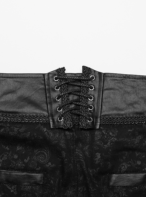 Waist Head Stereoscopic Pattern Leather Metal Buckle Lace-Up Black Gothic Trousers