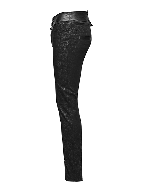 Waist Head Stereoscopic Pattern Leather Metal Buckle Lace-Up Black Gothic Trousers