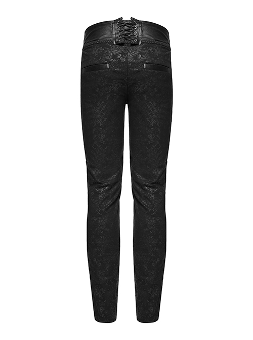 Waist Head Stereoscopic Pattern Leather Metal Buckle Lace-Up Black Gothic Trousers