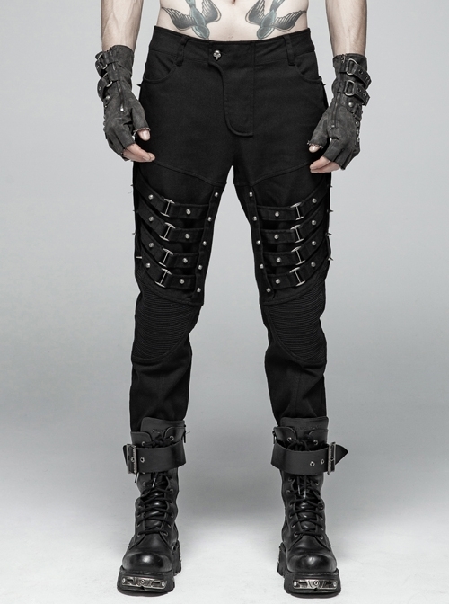 Coarse Twill Woven Non-Adjustable Metal Buckle Hasp Side Rivet Black Punk Trousers
