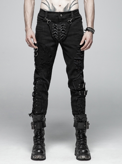 Front Flap Lace-Up Leather Legs Loop Splice Broken Holes Mesh Side Metal Ring Hasp Black Punk Trousers