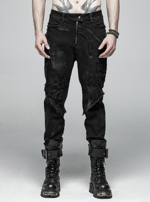 Worn-Out Denim Splice Mesh Raw Edge Metal Ring Decoration Black Punk Trousers