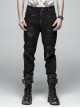 Worn-Out Denim Splice Mesh Raw Edge Metal Ring Decoration Black Punk Trousers