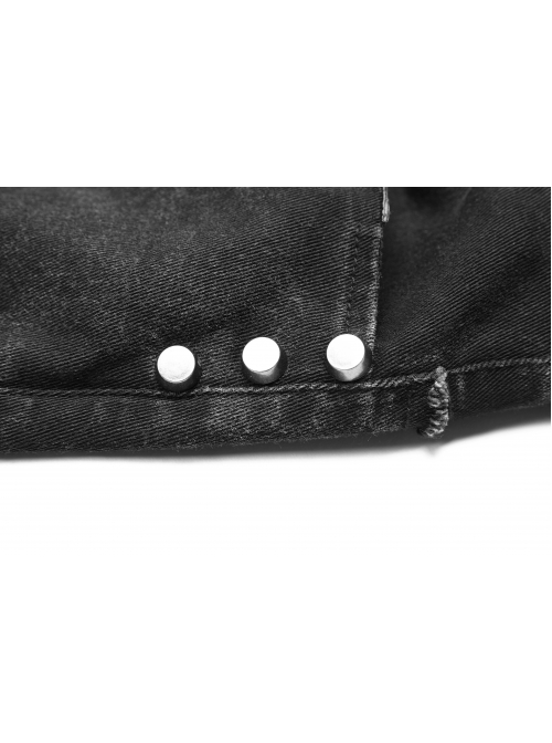 Worn-Out Denim Splice Mesh Raw Edge Metal Ring Decoration Black Punk Trousers