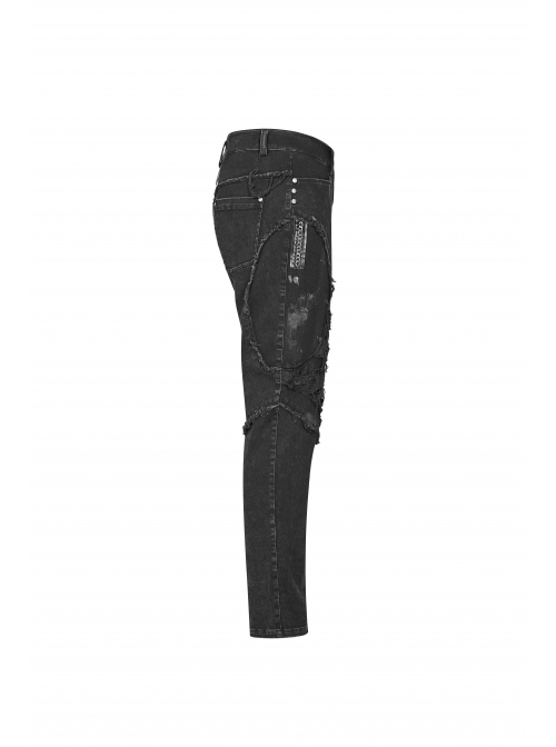 Worn-Out Denim Splice Mesh Raw Edge Metal Ring Decoration Black Punk Trousers