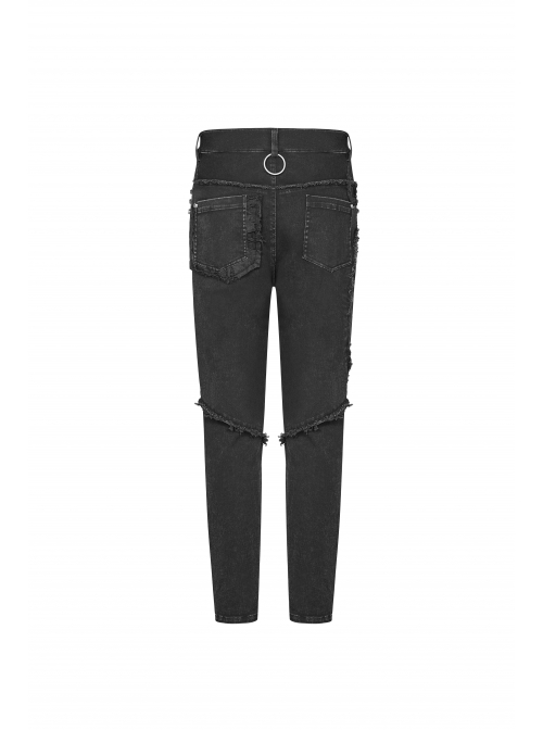 Worn-Out Denim Splice Mesh Raw Edge Metal Ring Decoration Black Punk Trousers