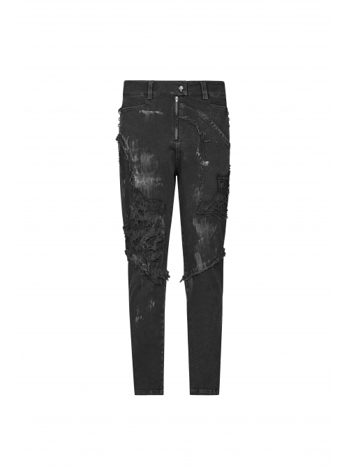 Worn-Out Denim Splice Mesh Raw Edge Metal Ring Decoration Black Punk Trousers
