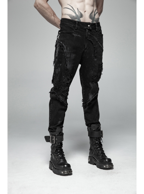 Worn-Out Denim Splice Mesh Raw Edge Metal Ring Decoration Black Punk Trousers