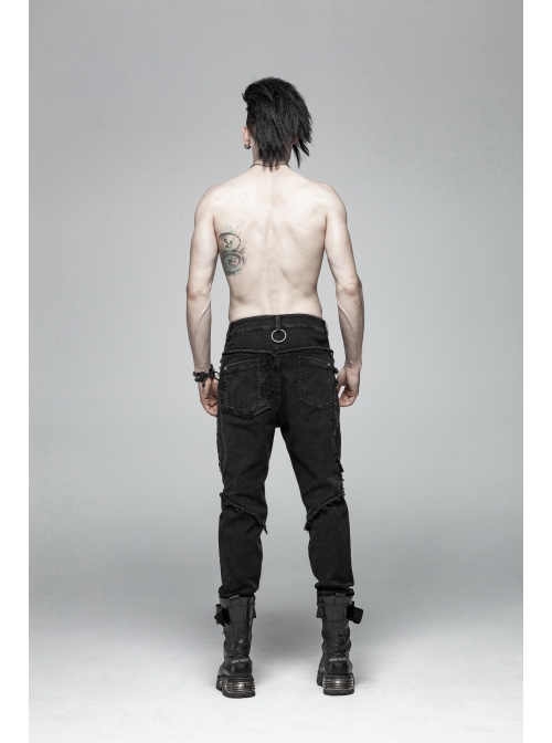 Worn-Out Denim Splice Mesh Raw Edge Metal Ring Decoration Black Punk Trousers