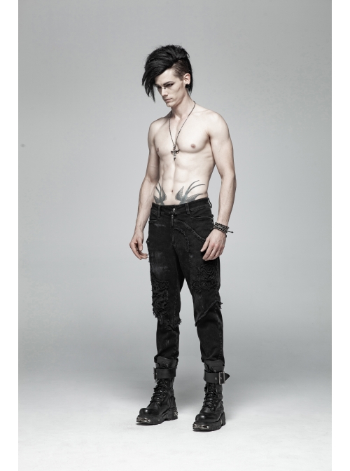 Worn-Out Denim Splice Mesh Raw Edge Metal Ring Decoration Black Punk Trousers