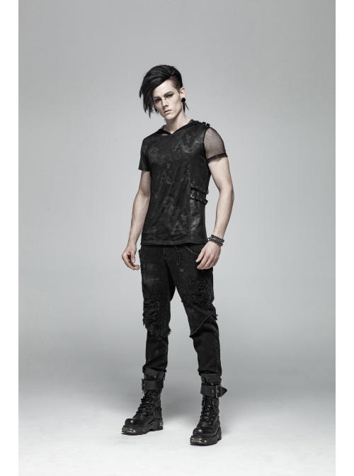 Worn-Out Denim Splice Mesh Raw Edge Metal Ring Decoration Black Punk Trousers